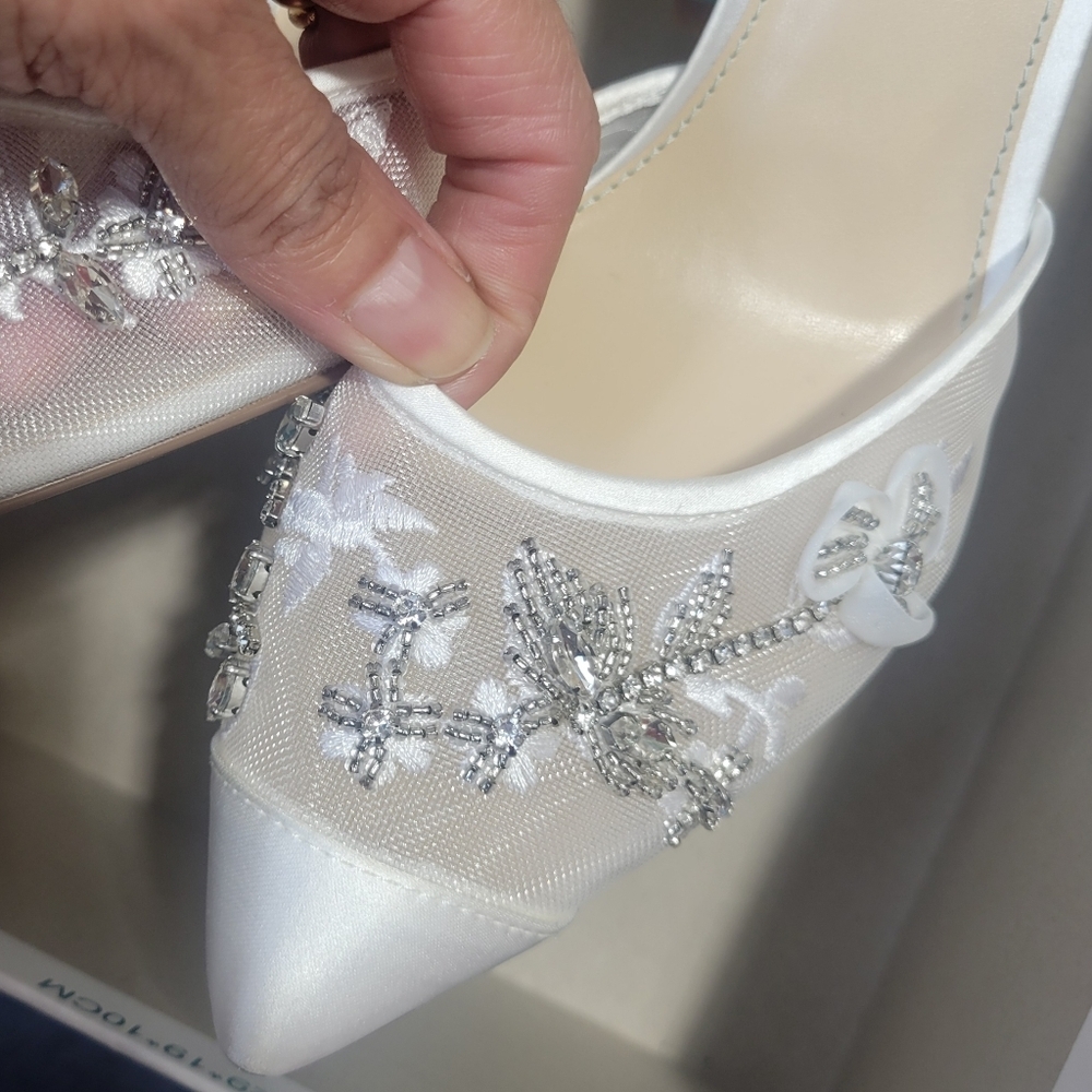 Embellished White Satin Ankle-Strap Pump - Picture 6 of 10
